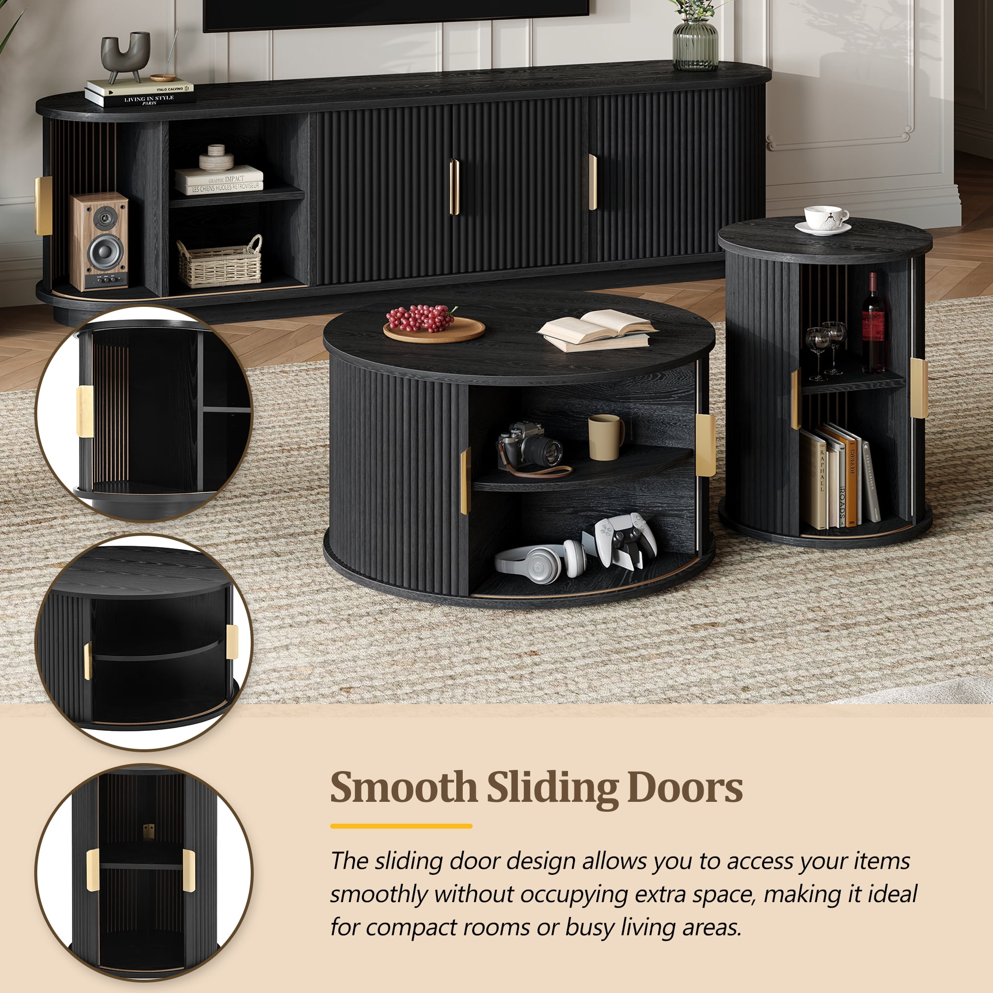 Euroco Wooden TV Stand & Coffee Table Set with Fluted Sliding Doors for TVs up to 75", Golden Handles Media Console with Cable hole, Farmhouse Round Center Table for Living Room, Black