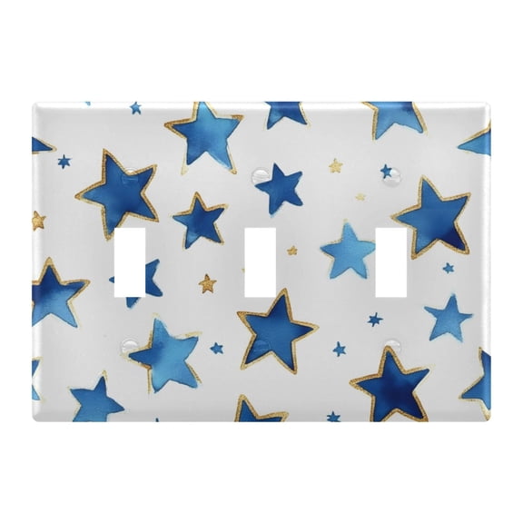 Blue Stars Pattern Toggle Switch Wall Plate 3-Gang Unbreakable Durable PC Flush Fit Round Edge 4.48x6.37in