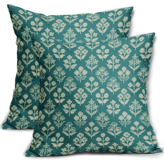 Teal Floral Block Print Pillow Covers 16x16 Inch Set of 2, Vintage Flower Pattern Decorative Throw Pillowcases Outdoor Farmhouse Cushion Covers Spring Summer Rustic Sofa Couch Bed Decor