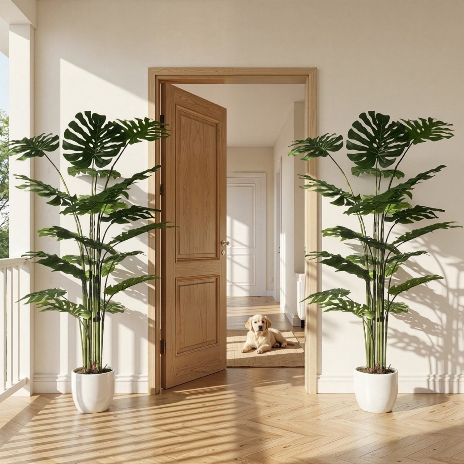 BEAUTYPEAK 6.6FT Artificial Plant Fake Indoor Monstera Plant Decorative Outdoor Greenery in White Pot
