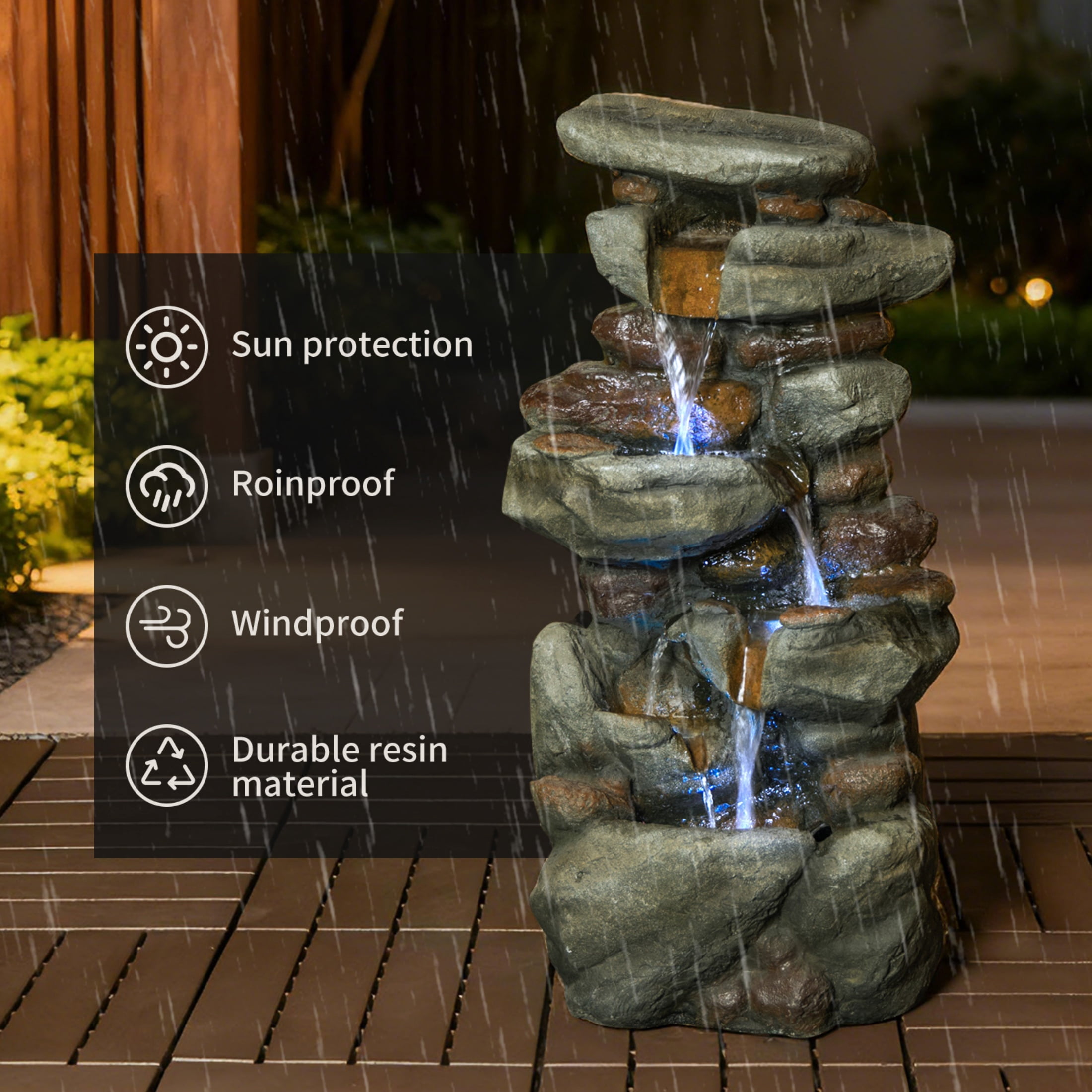Nyddle Large Outdoor Water Fountain,30'' Natural Stone Style Fountain with LED Light,Decorative Cascading Water Feature for Patio,Yard,Garden,Backyard & Entryway