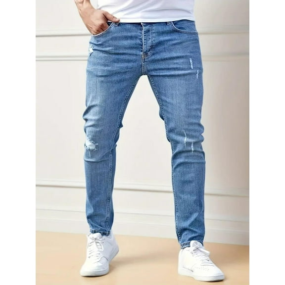 Men's Slim - Fit Distressed Jeans: Light Blue, Versatile for Casual & Street Looks