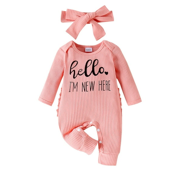 Coerni Im New Here New Born Outfit Girl Long Sleeve Letter Romper Ribbed Knit Jumpsuit Baby Girl Preemie Coming Home Outfit