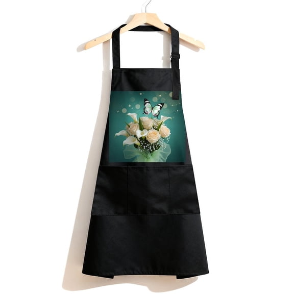 RKSupls Waterproof Bib Apron with 3 Pockets, Flower Butterfly White Calla Lily Pink Rose Spring Flowers Bouquet Adjustable Neck Strap Soft 100% Polyester Water Resistant Apron for Kitchen Restaurant