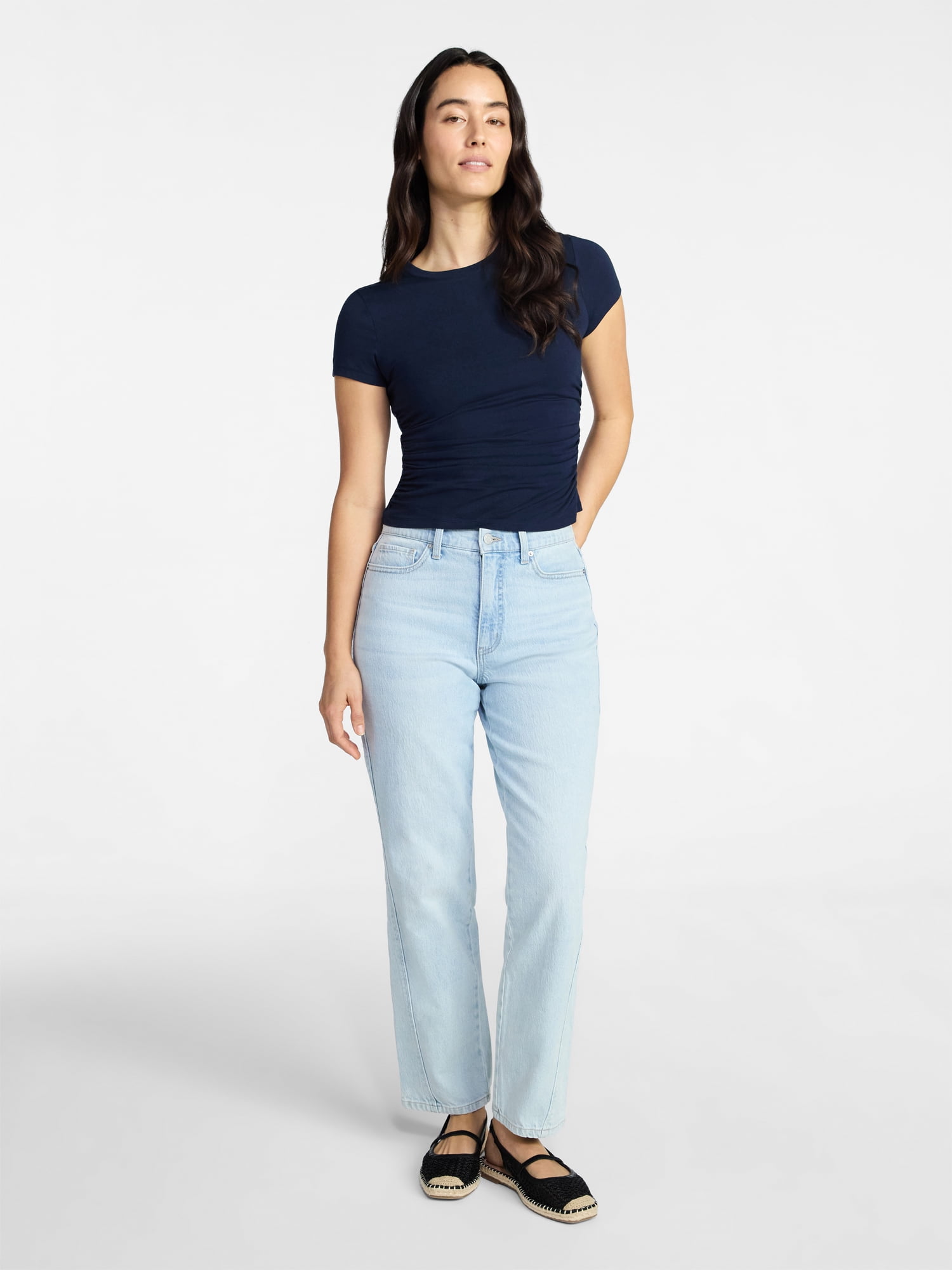 Time and Tru Women’s Ruched Tee with Short Sleeves, Sizes XS-XXXL