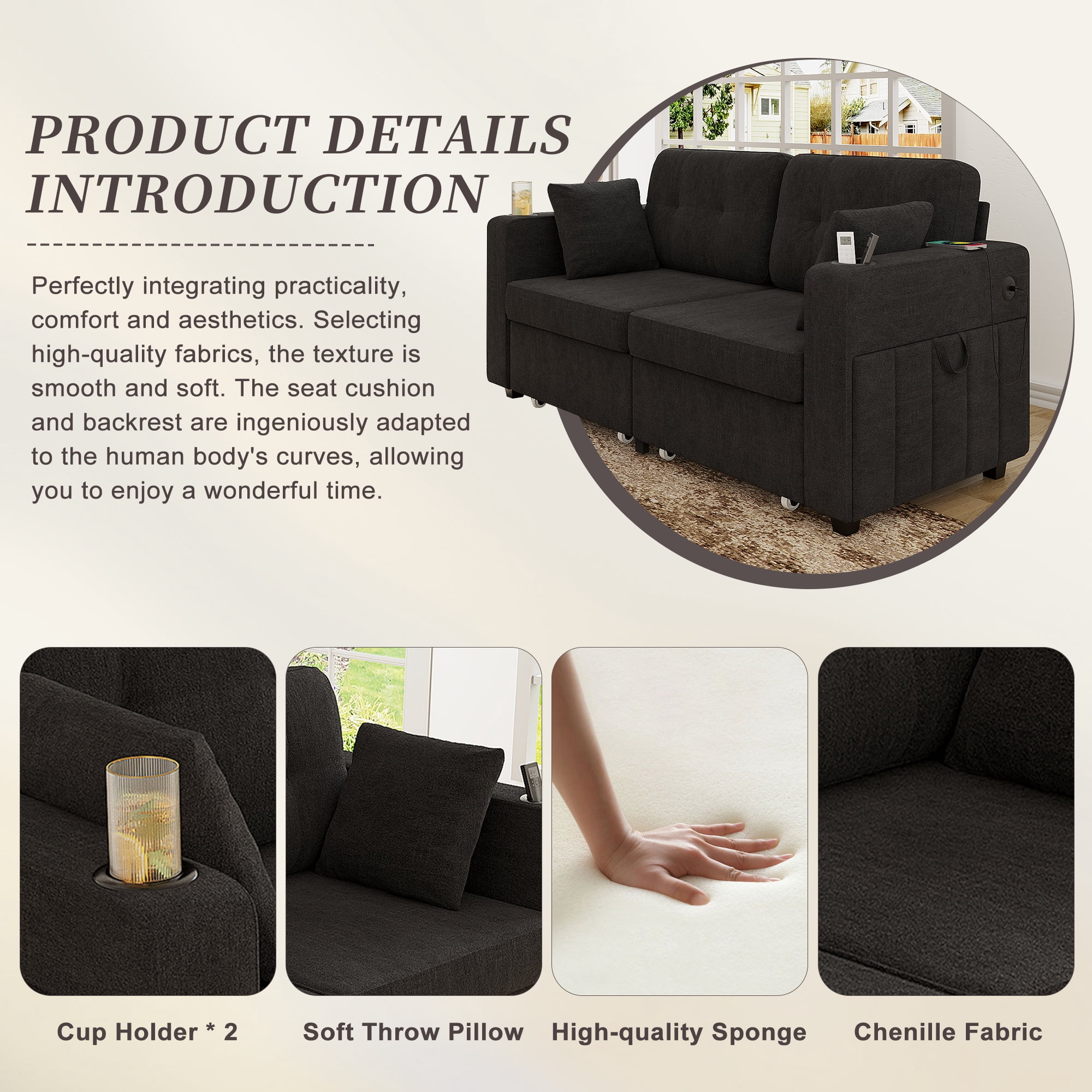 68" Chenille Two Seater Couch, Living Room Loveseat with Usb Charging, Upholstered Loveseat with Storage for Living Room, Black