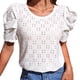 thumbnail image 1 of Mujer Cuello Redondo Top Mangas Cortas Puff Hueco Jacquard Color Puro Ajuste Suelto Camiseta De Verano Blanco S, 1 of 8
