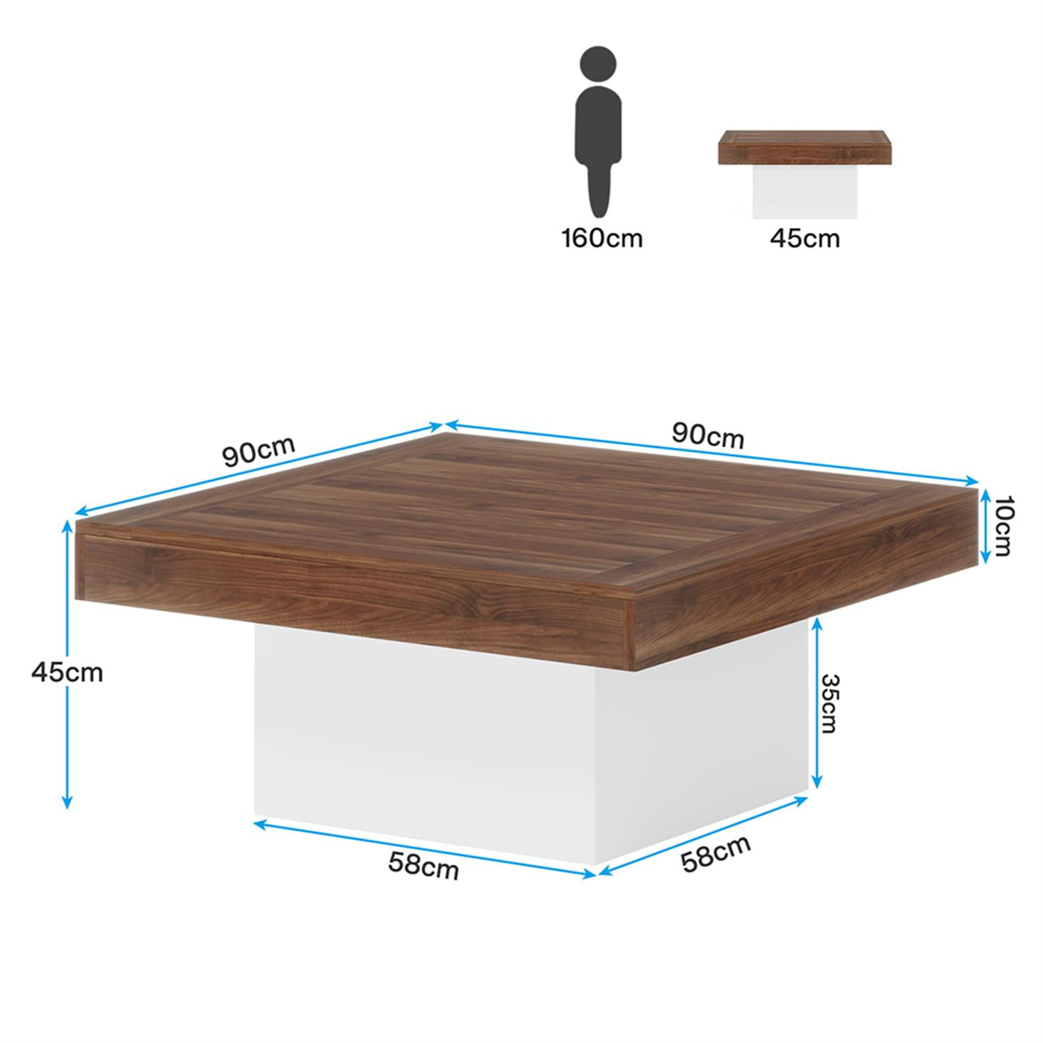 Demi Bonn Square Coffee Table, Farmhouse Wood Cocktail Table with LED Light for Living Room, Brown + White