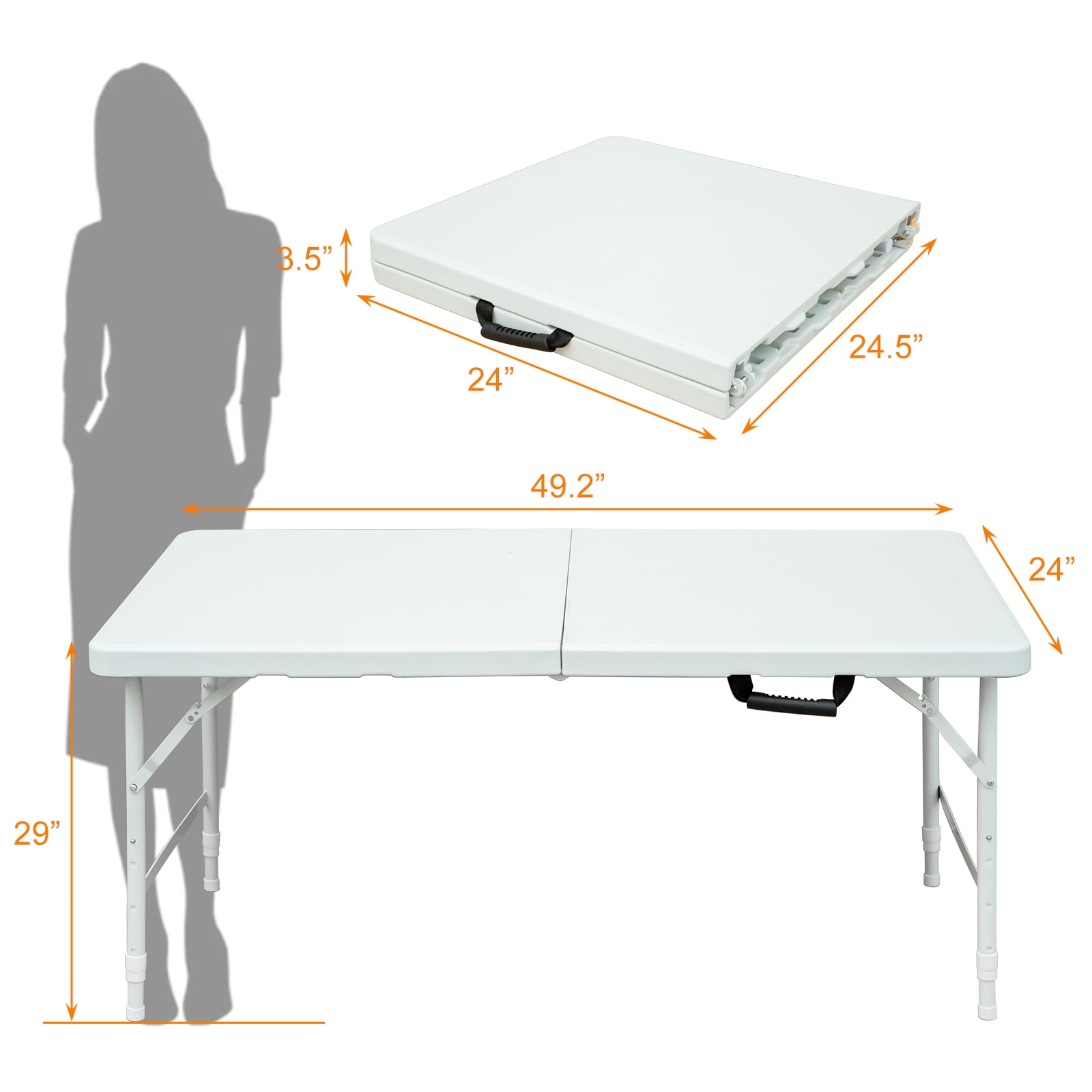 4ft White Portable Folding Table, Indoor Outdoor Waterproof HDPE Foldable Table, Triangular Reinforced 25mm Powder Coated Steel Frame, 135KG Max Load for Camping BBQ Party Exhibition