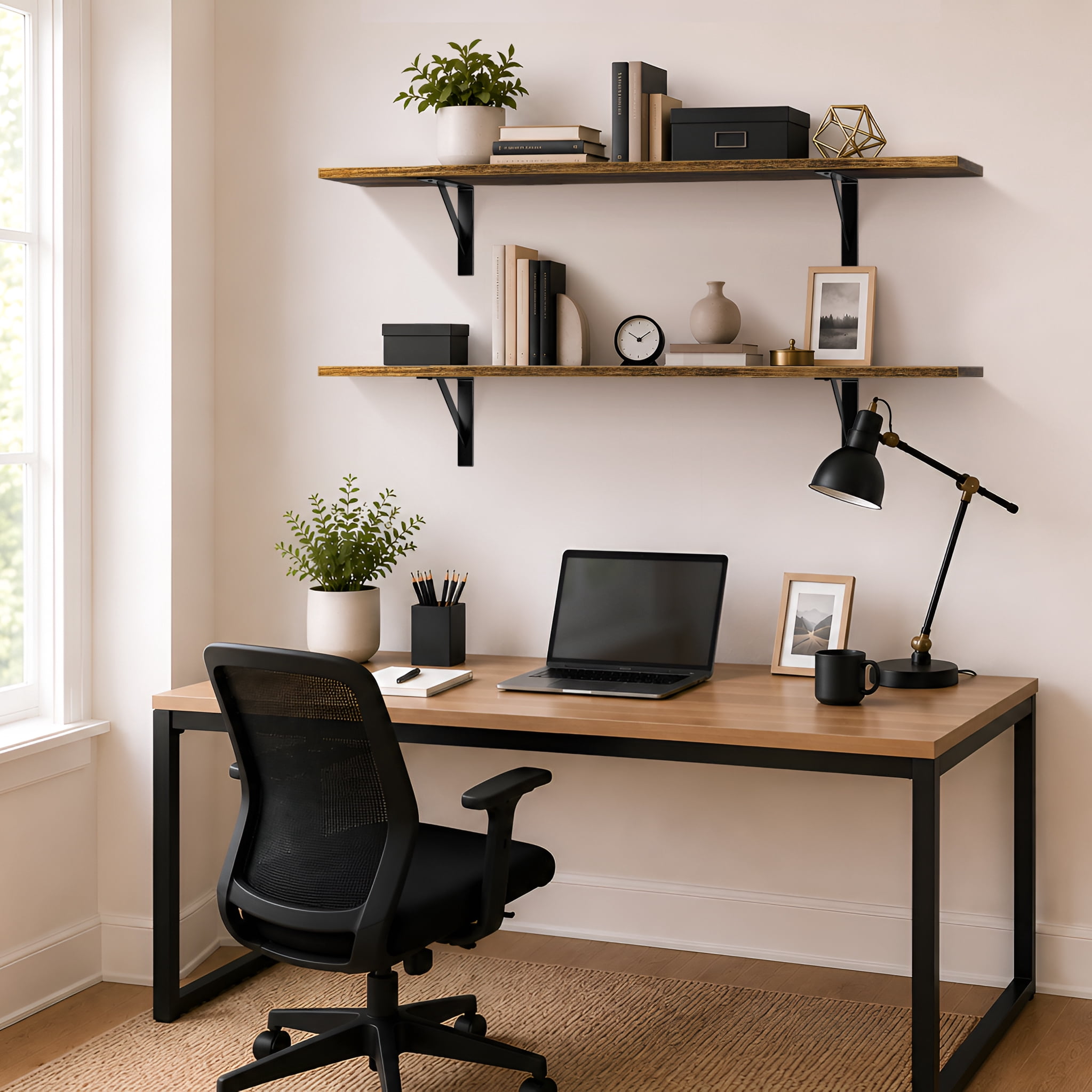Sorbus 47.3 in Wood Wall Shelves with Black Metal Brackets, Brown, 2-Piece Set