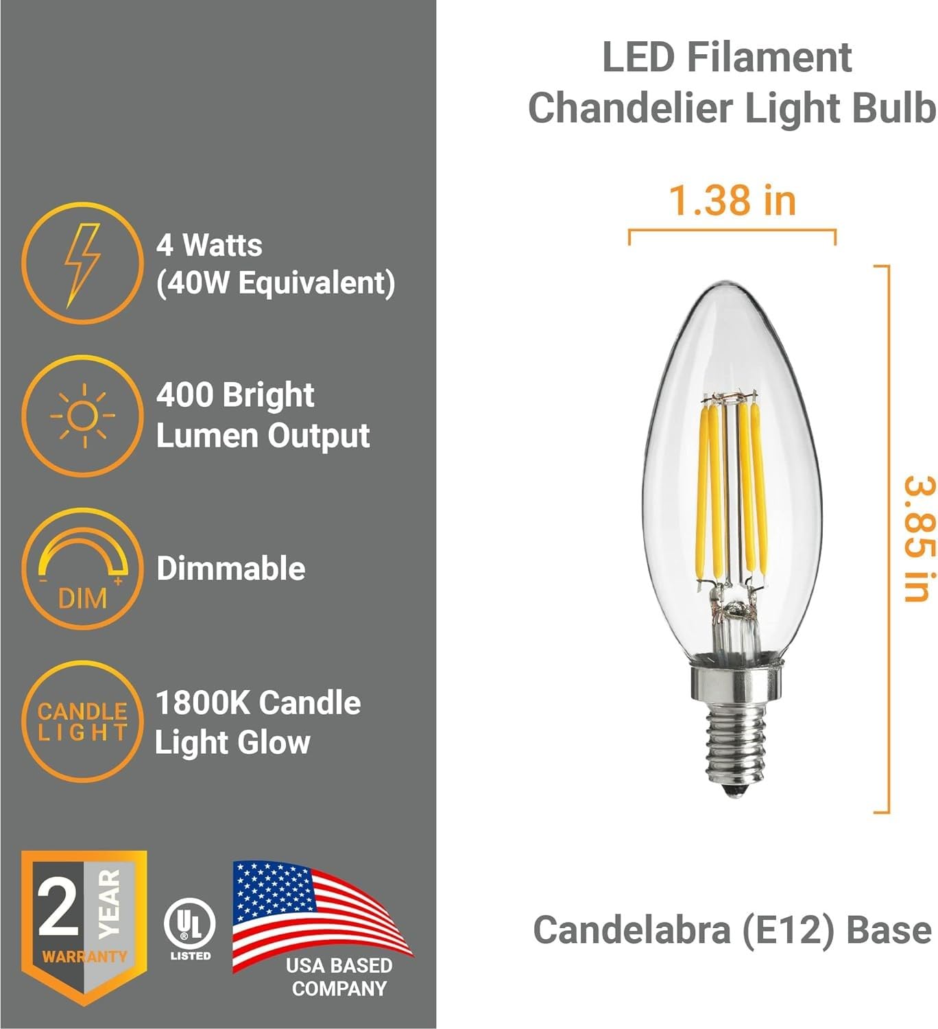Diodesy- Pack of 6 CTC/LED/FS/4W/18K E12 LED Candelabra Dimmable Bulb, 4W (40-Watt Equivalent), 1800K Candle Light, Edison Bulb, Torpedo Tip Light Bulb for Chandelier and Ceiling Fan, 400LM, UL Listed