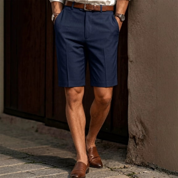 Men's 7-Inch Chino Dress Shorts, Straight Leg Flat Front Casual Shorts, Solid Color Business Casual Summer Golf Shorts with Button Navy