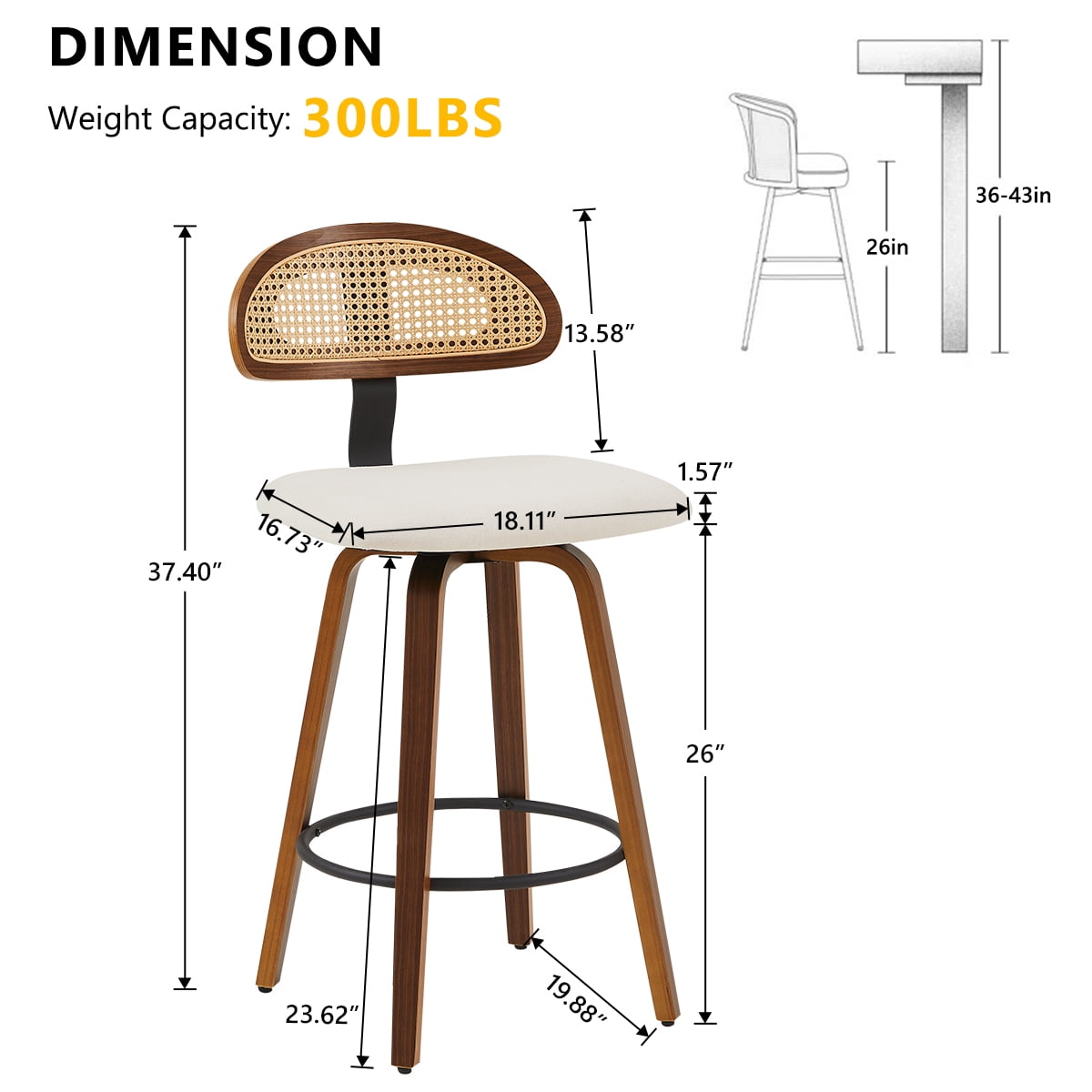360° Swivel Rattan Bar Stools Set of 2, Counter Height Modern Kitchen Island Stools With Footrest, Uphostered Cushion, Comfortable Durable, White