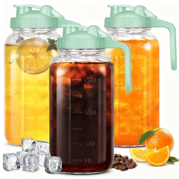 JOGGEIL 3 Pack 64OZ Mason Jars with Lid, 2 Quart Glass Water Pitcher with Lid, Airtight Seal for Great for Iced Tea,Juice,Milk,Coffee,Sun Lemonade, Green