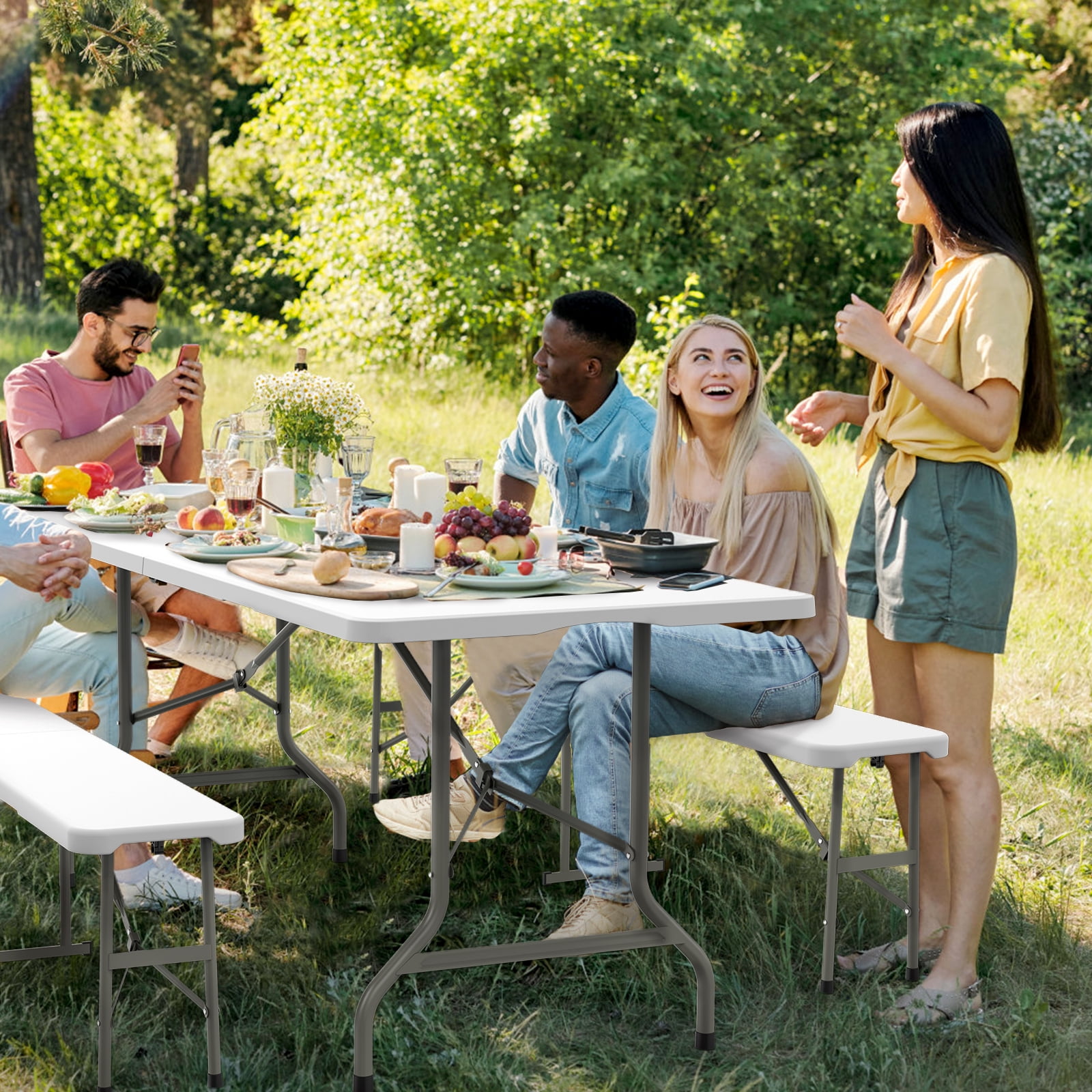 Ktaxon 3-Piece Outdoor Picnic Tableset, 6Ft HDPE Folding Table with 2 Folding Benches, High Quality Weather Resistant Patio Set for Indoor Outdoor Camping Parties Commercial Events