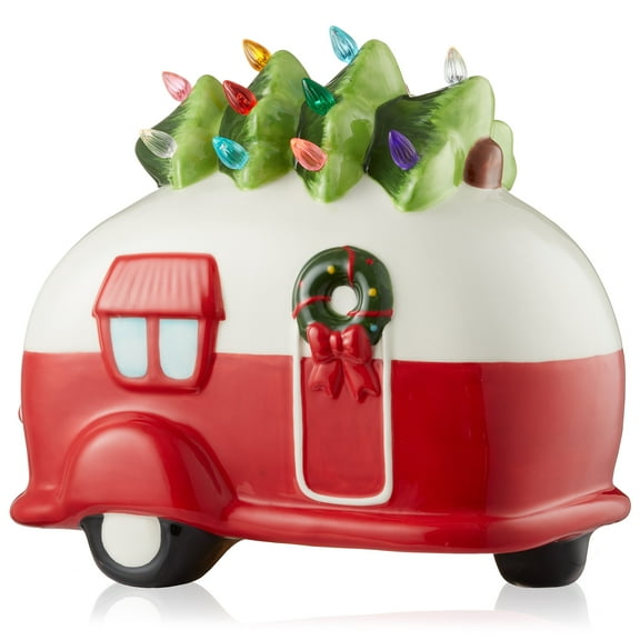 Hand Painted Ceramic Christmas Camper with Tree, Pre-Lit with 16 Multi Color Lights