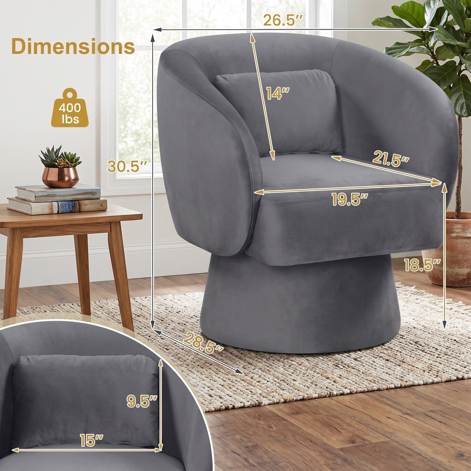 Furnibear Swivel Accent Chair, Upholstered Barrel Chair with Curved Back, 360-Degree Swivel Base and Removable Lumbar Pillow for Living Room Bedroom, 400 lbs, Gray
