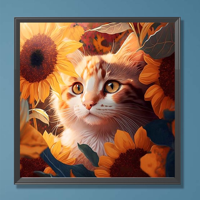 Cuadros Decorativos 5D bricolaje redondo completo taladro diamante pintura girasol gato decoración artesanal (HQ015) Wdftyju de costura negro 4 estilos