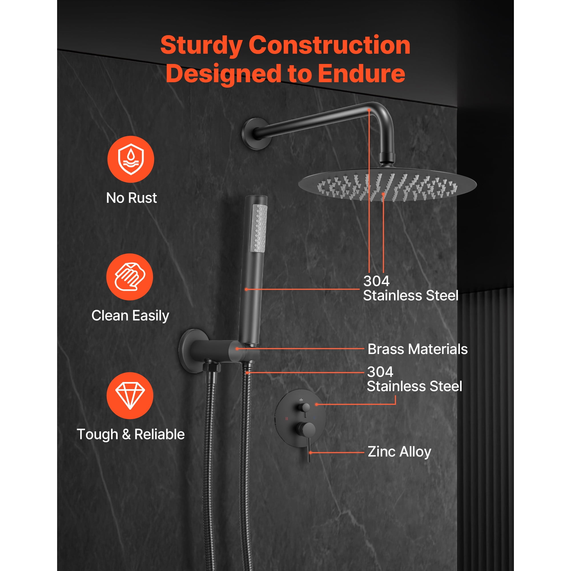 KFFKFF Shower Faucet Set, Wall-Mounted Bathroom System with 8-Inch Round Rain Shower Head and Handheld Spray, Includes Brass Valve and Trim Kit, Matte Black Finish