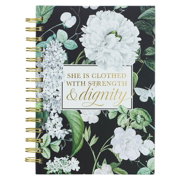 Christian Art Gifts Journal w/Scripture Strength & Dignity Proverbs 31:25 Bible Verse Black Floral 192 Ruled Pages, Large Hardcover Notebook, Wire Bound