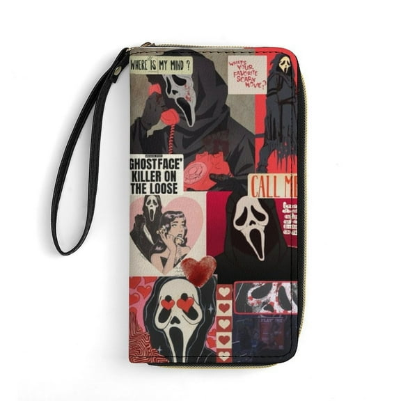 Ghostface Leather Wallet with Wristlet Credit Card Holder Zipper Clutch Stylish Purse for Women Men
