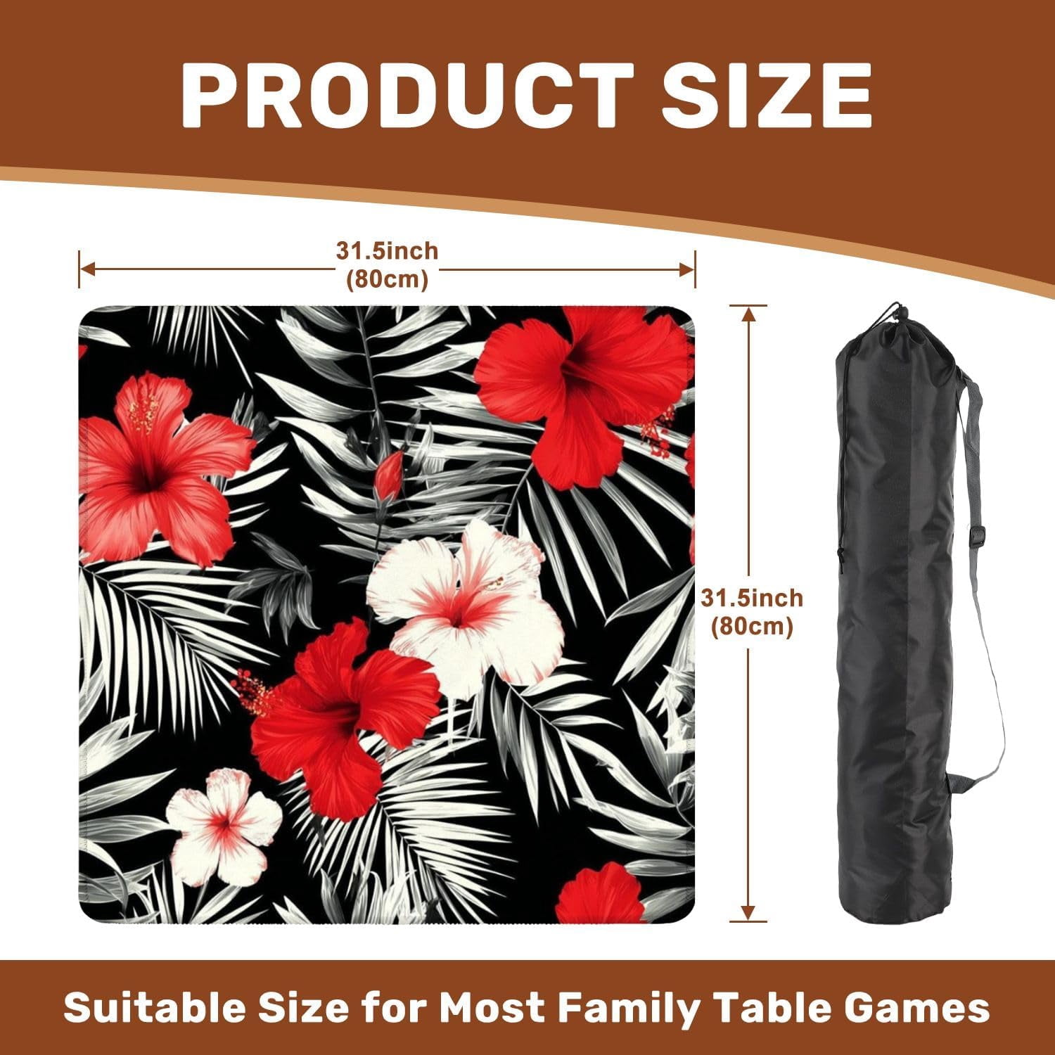 Mahjong Mat 31.5" x 31.5" Red White Hibiscus Flowers Black White Leaves Seamless Beach Non-Slip Noise Reduction Mahjong Tiles Table Cover for Dominoes Poker Card Board and Tile Games