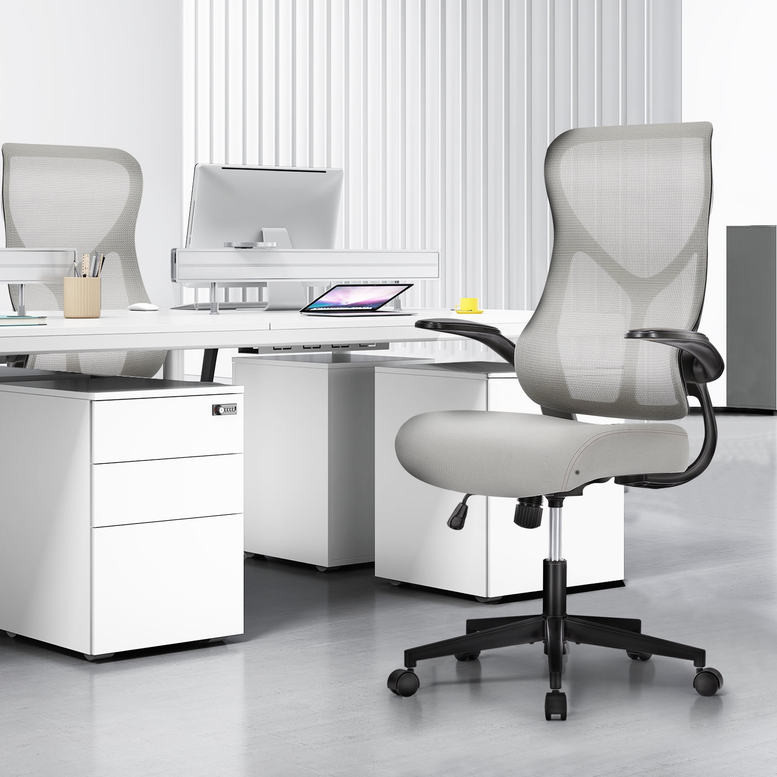 MAYEERTY Ergonomic Office Chair, Comfort Home Office Task Chair, Flip-up Arms and Adjustable Height, Gray