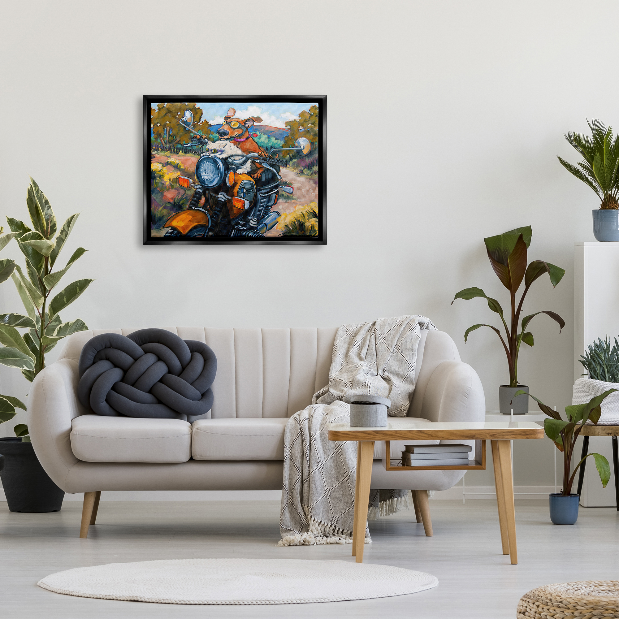 Stupell Industries Cat & Dog on Motorcycle Animals & Insects Painting Black Floater Framed Art Print Wall Art, 31 x 25