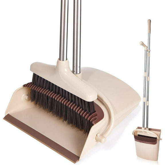 Broom and Dustpan Set with Long Handle, Light Weight Stainless Steel Poles Stand Upright Dustpans with Broom Combo for Home Kitchen Office Pet Dog Hair, Brown