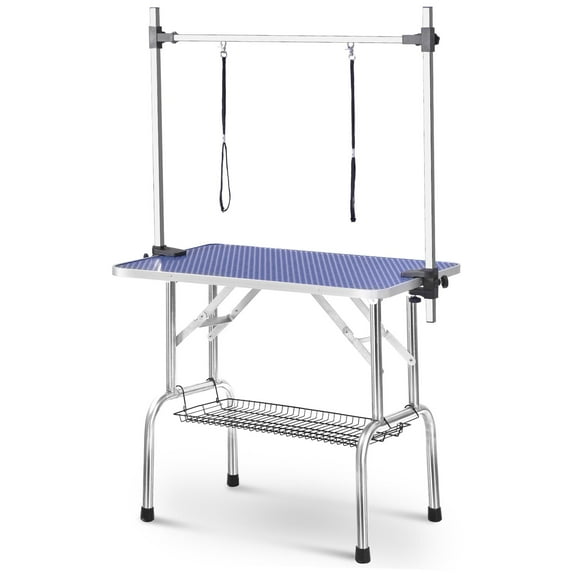 36'' Folding Dog Pet Grooming Table, Heavy Duty Stainless Steel Pet Dog Cat Grooming Table with Adjustable Arm Noose and Mesh Tray