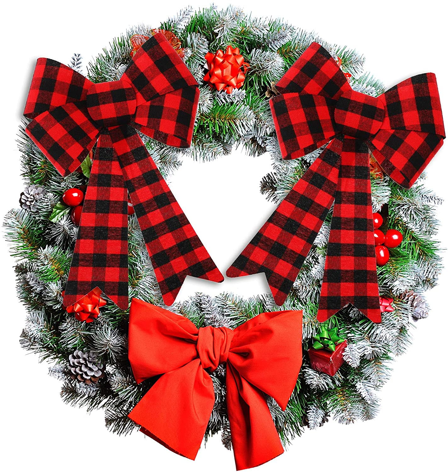 6 Pieces Large Christmas Wreath Bow Buffalo Plaid Christmas Bow PVC Plastic Xmas Plaid Check Wrapping Bow for Christmas Indoor Outdoor Decorations - Red and Black