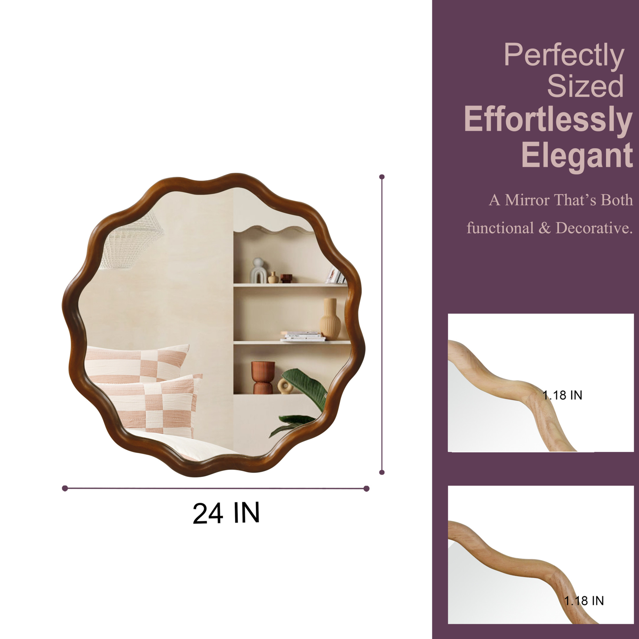 Noble House 24" Wavy Round Wall Mirror, Asymmetrical Solid Wood Decorative Accent Mirror for Entryway, Walnut