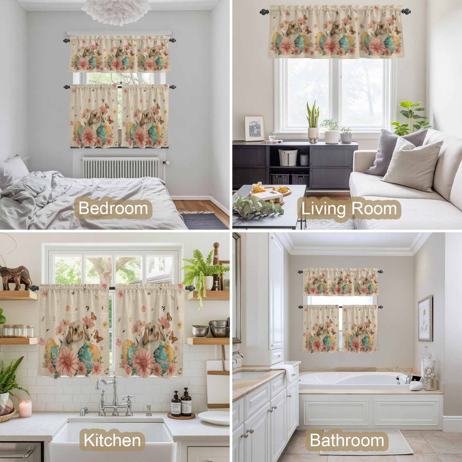Easter Rabbit Kitchen Curtains Valances 3 Piece Set, Watercolor Eggs Pink Floral Butterfly Linen Texture Rod Pocket Tier Curtain and Valance Drapes for Small Window 24 Inch Length for Bedroom Cafe
