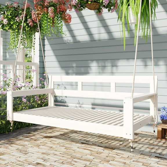 Harper & Bright Designs Wood 2 Seater Patio Swing Hanging Chair, Twin Size Outdoor Porch Hanging Swing with 4 Ropes, Weather-Resistant, for Backyard Garden, White