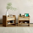 thumbnail image 2 of Sunvasagoo Rattan Nightstand Set of 2 with Charging Station, 1 Drawer & Open Shelf Bedside Tables, Walnut/Cream White, 2 of 9