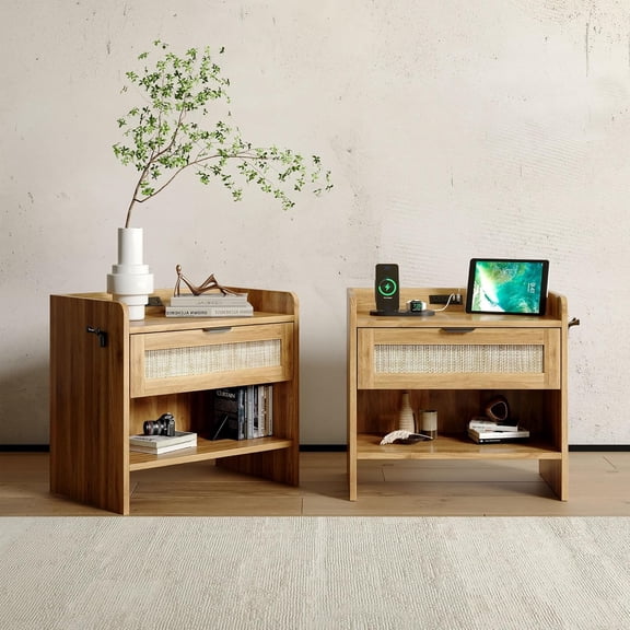 BouPower Rattan Nightstands Set of 2,Boho Side Table with Drawer & Open Shelf,Accent Bedside End Table for Bedroom,Dorm and Small Spaces
