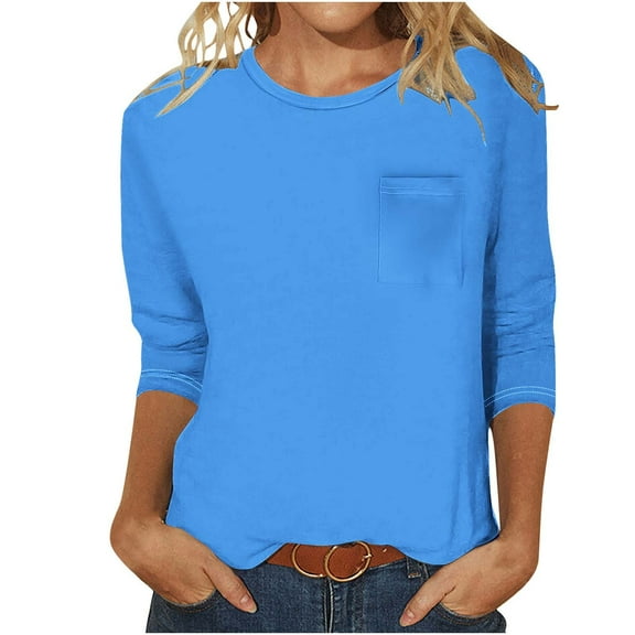 Fartey Womens 3/4 Sleeve Tops Dressy Casual Crew Neck T Shirts with Pocket Basic Summer Shirt Slim FIt Solid Color Tunic Tops 2025 Blue XXL