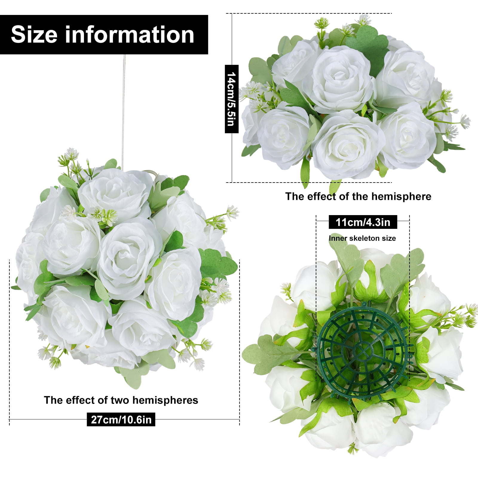 Flower Balls Wedding Rose Centerpieces Artificial Silk Roses Table Arrangement Bouquet 6pcs White Kissing Balls for Parties Valentine's Day Home Decoration