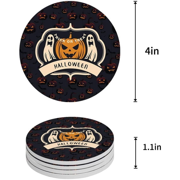FMSHPON Halloween Ghost Pumpkin Set of 6 Round Coaster for Drinks, Absorbent Ceramic Stone Coasters Cup Mat with Cork Base for Home Kitchen Room Coffee Table Bar Decor