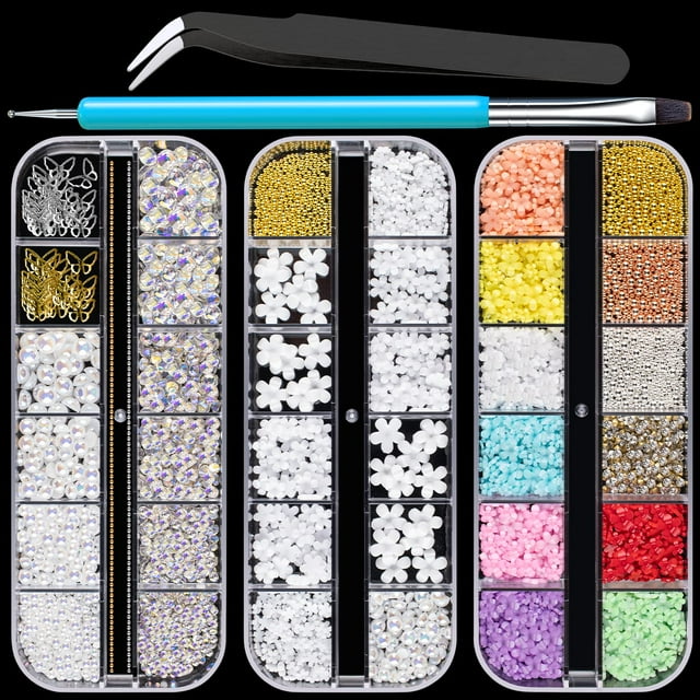 Kit de accesorios para decoración de uñas 3D con gemas variadas n.° 3, dije de mariposa con estrellas y diamantes de imitación AB para decoración, cuentas de caviar de flor de perla, cristal con pince