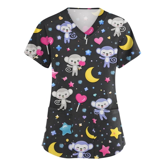 Kixjoy Scrubs for Women Oversized Short Sleeve V Neck Scrubs Animal Printed Stretchy Medical Top Casual Lightweight Womens Blouses with Pockets, Dark Gray 5XL
