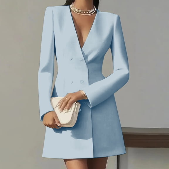 VIWORLD Women's Elegant Formal A-Line Dress - Deep V-Neck with Button Front Design For Spring Fall Blue,S