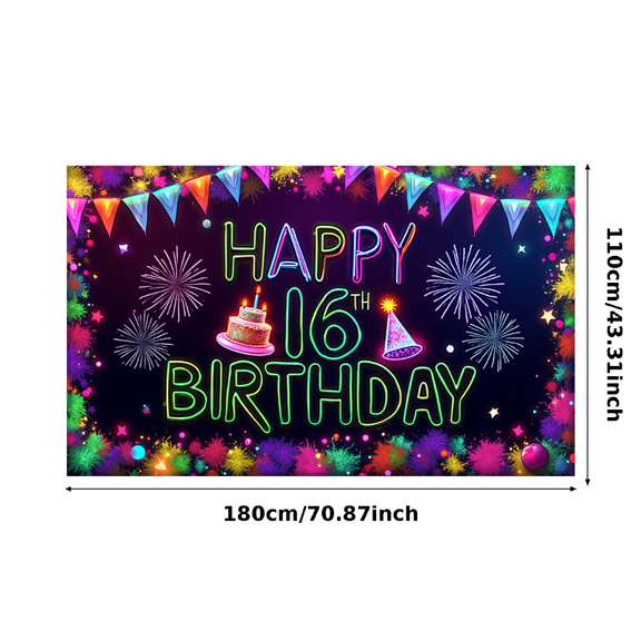 Colorful Design Happy Birthday Banner Neon Style Sixteenth Birthday Party Decoration for Birthday Party Celebration Event