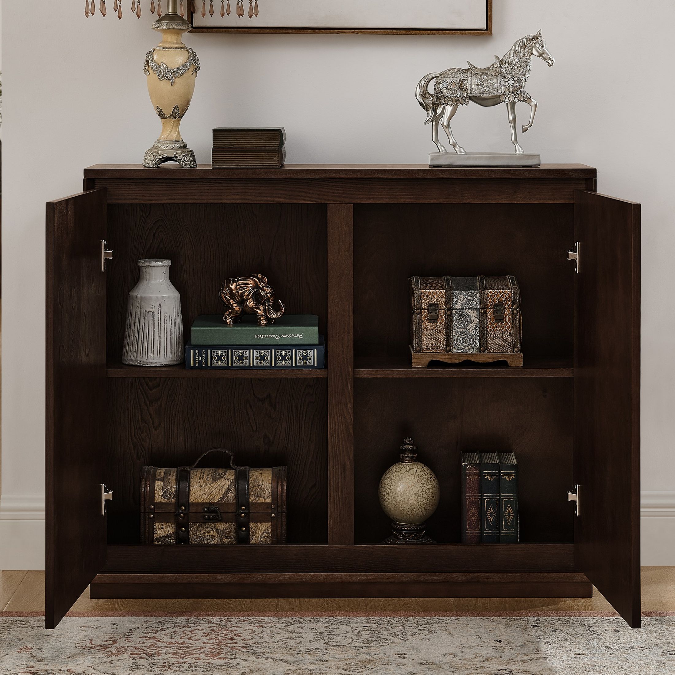 GDF Studio 39" Mid Century Modern V-Shaped Fluted Sideboard Cabinet with Outlet Holes, Dark Walnut
