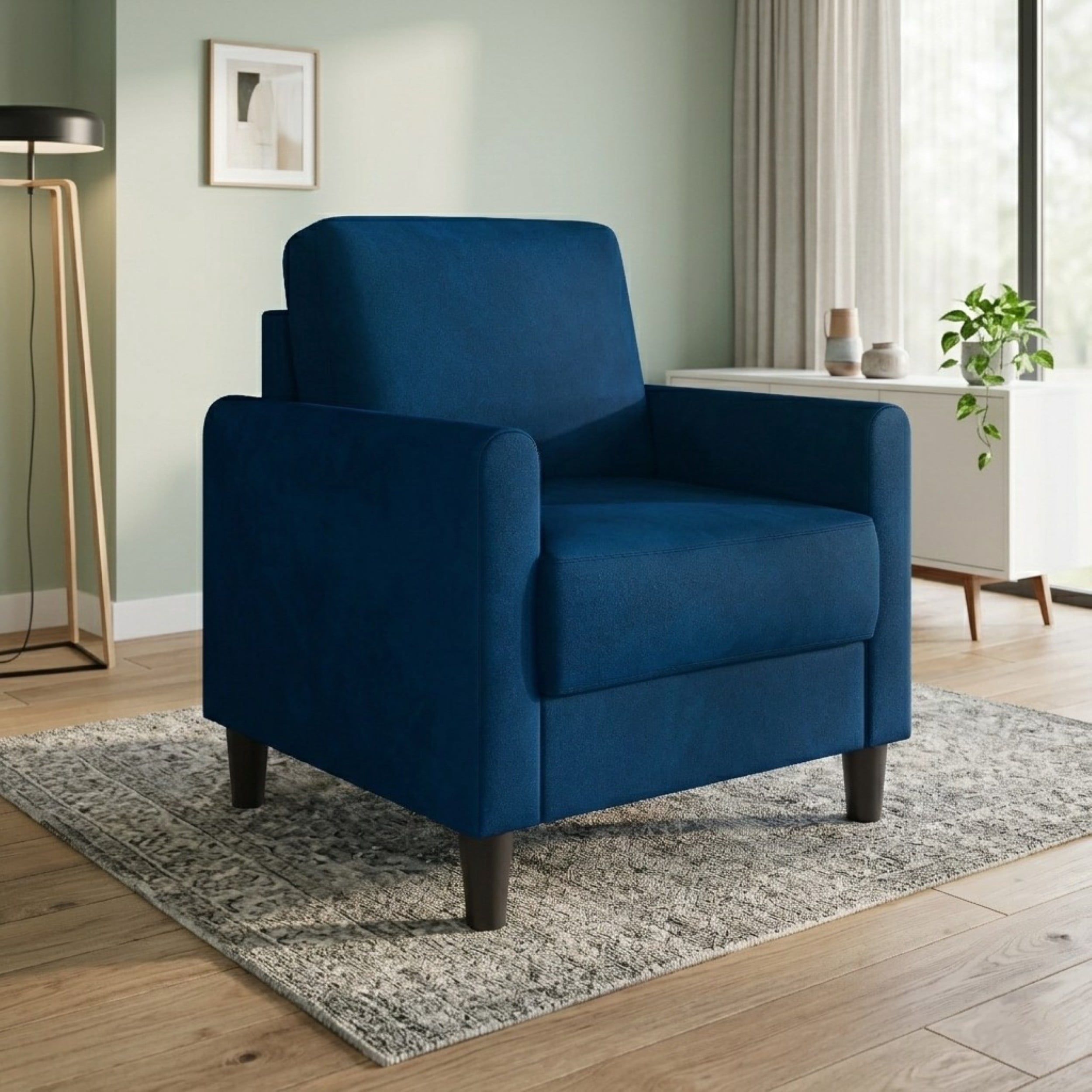 Home Design Goliad Velvet Armchair with Pocket Spring, Soft Cushions, Clean Lines Design, Blue
