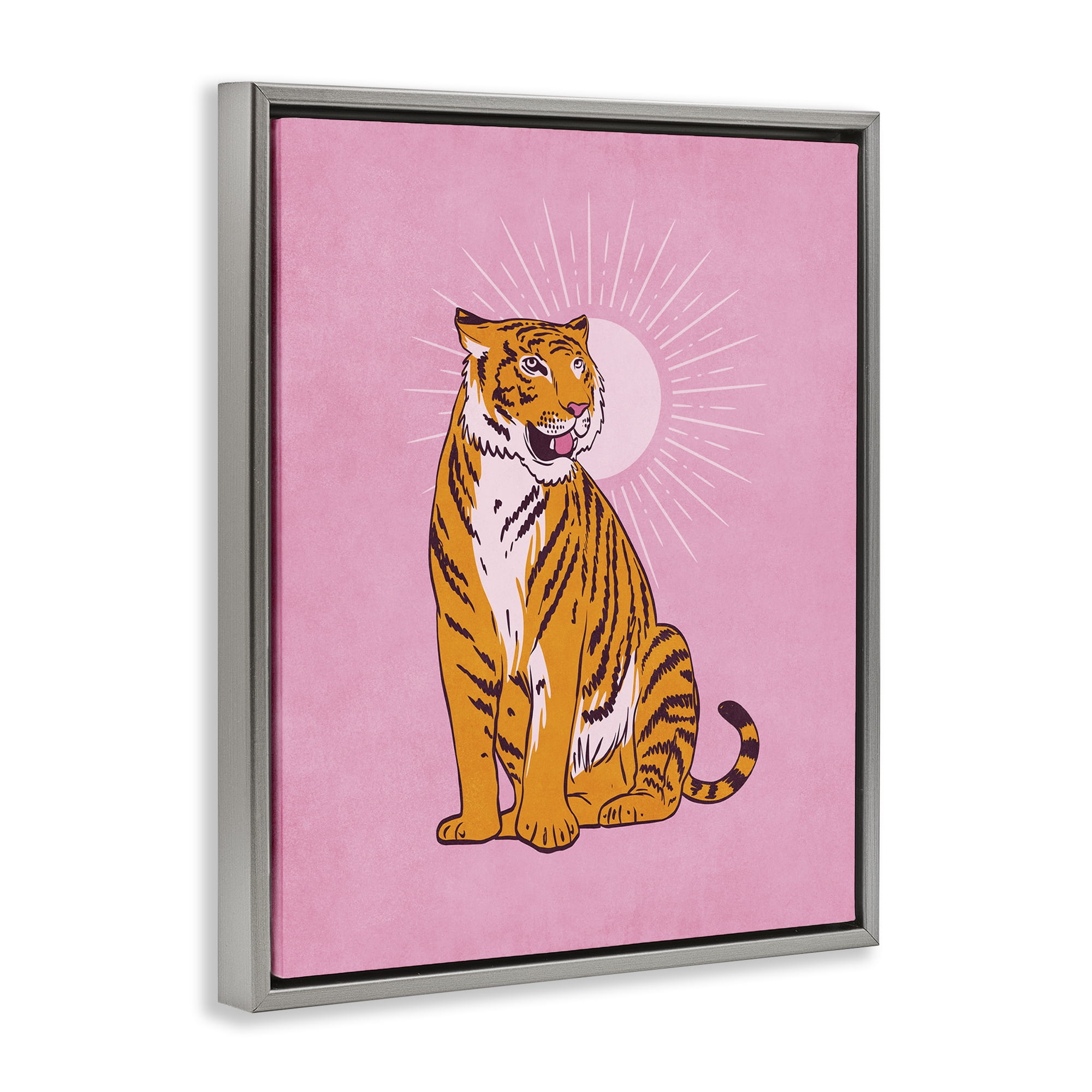 Stupell Industries Preppy Tiger on Pink Animals Painting Gray Floater Framed Canvas Art Print Wall Art, 17 x 21