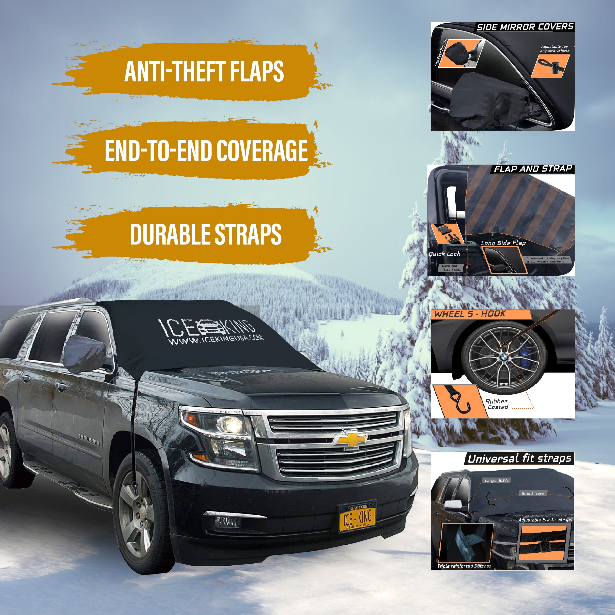 Ice King Massive Windshield Snow Cover and Ice Mirror Cover Bundle Huge Size Fits Any Car Truck SUV Van or Automobile Car Accessories Keeps
