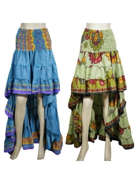 Mogul Womens Hippy Chic Hi Low Skirt Recycled Sari Printed Free Falling Flirty Fairy Twirling Ruffle Skirts S/M