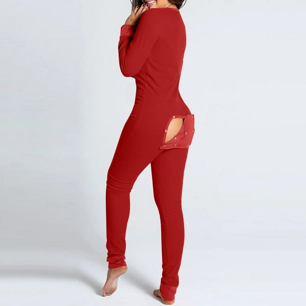 Pijama Sexy para mujer, mono de Año Nuevo con botones, parte delantera y trasera, culo abierto, solapa, ropa de dormir sólida, ropa de estar por casa