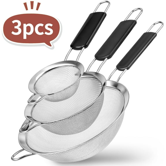 Stainless Steel Fine Mesh Strainers for Kitchen, Set of 3 Sizes Kitchen Strainer with Insulated Handle, Ideal Kitchen Essential to Strain Pasta, Quinoa and Rice